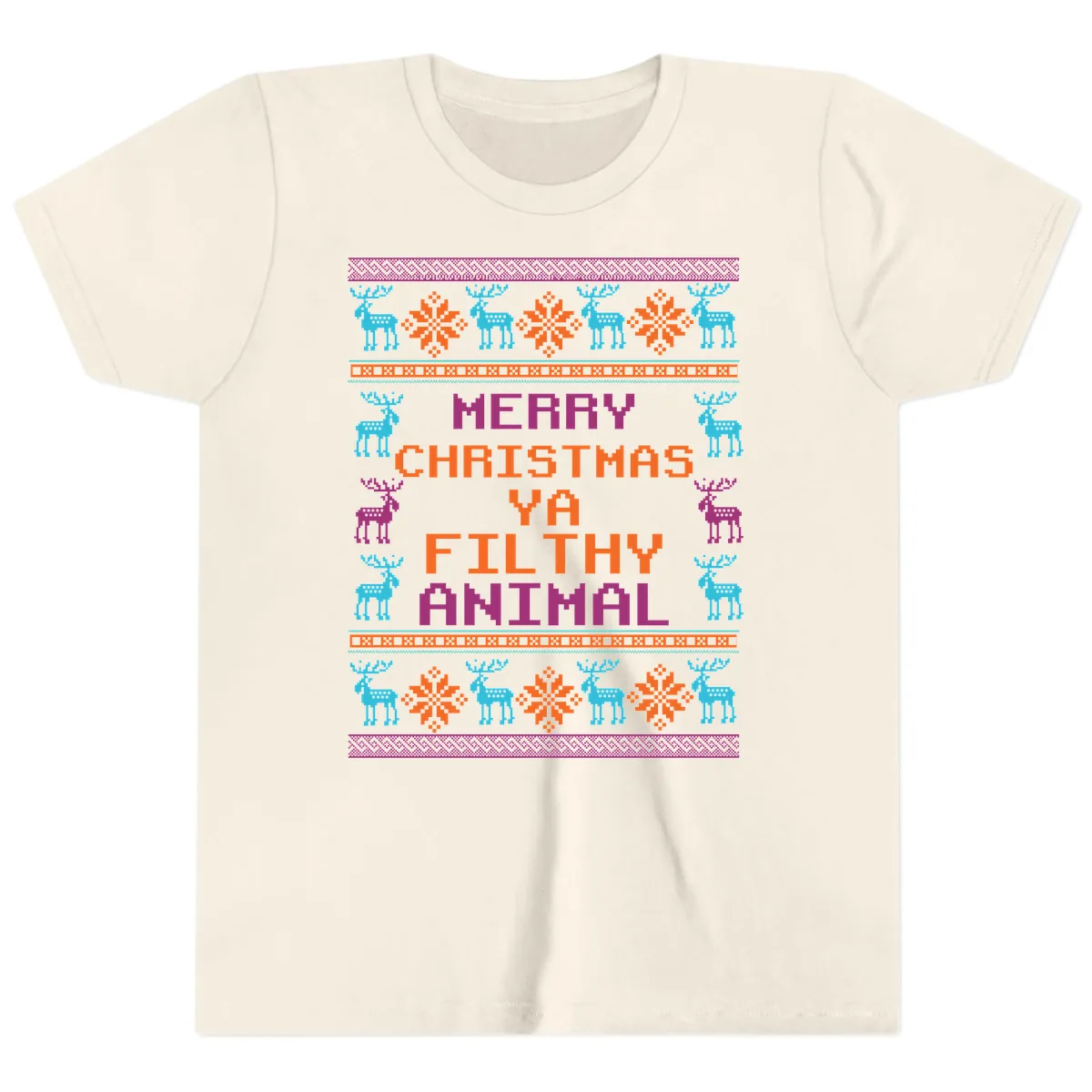 Merry Christmas Ya Filthy Animal Ugly Sweater Youth T-Shirt in Natural