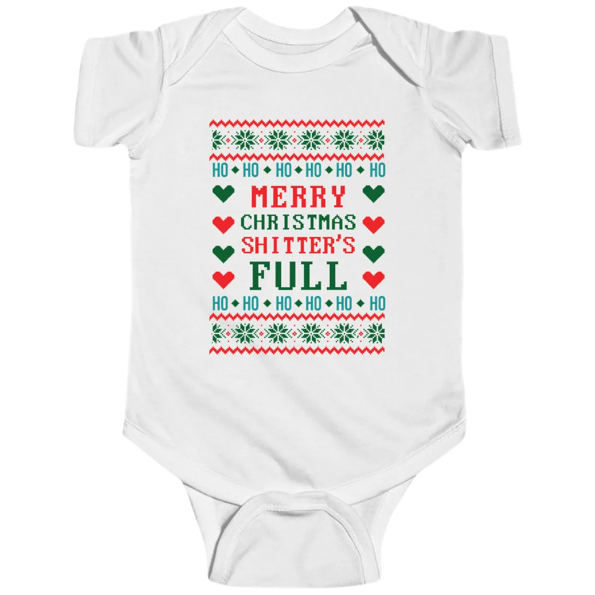 Merry Christmas Shitter's Full Ugly Sweater Baby Onesie in White