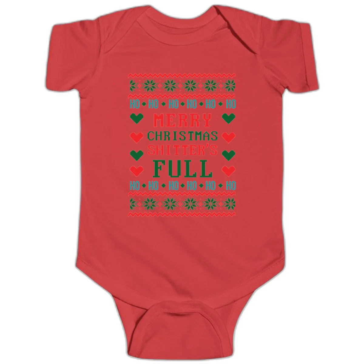 Merry Christmas Shitter's Full Ugly Sweater Baby Onesie in Red