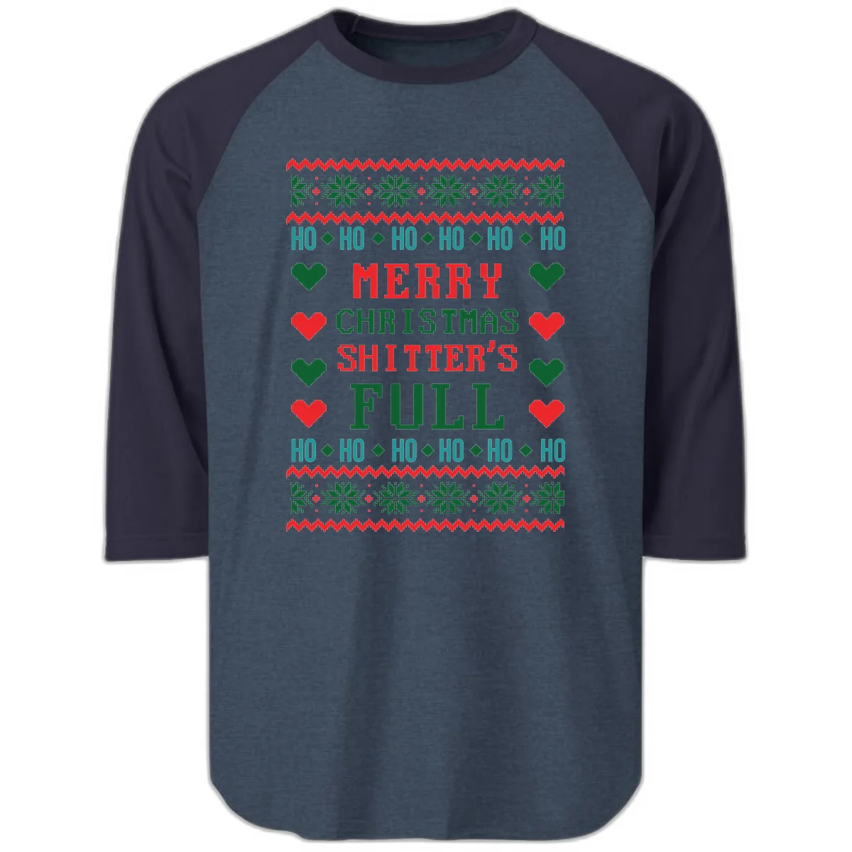 Merry Christmas Shitter's Full Ugly Sweater Raglan 3/4 in Heather Denim Navy