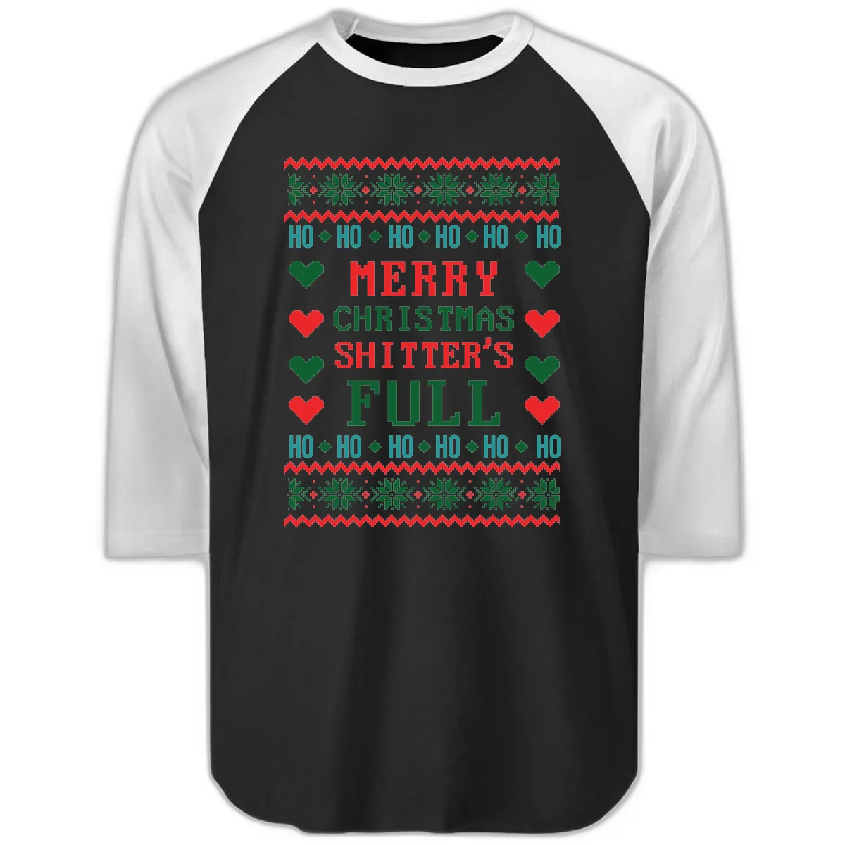 Merry Christmas Shitter's Full Ugly Sweater Raglan 3/4 in Black White