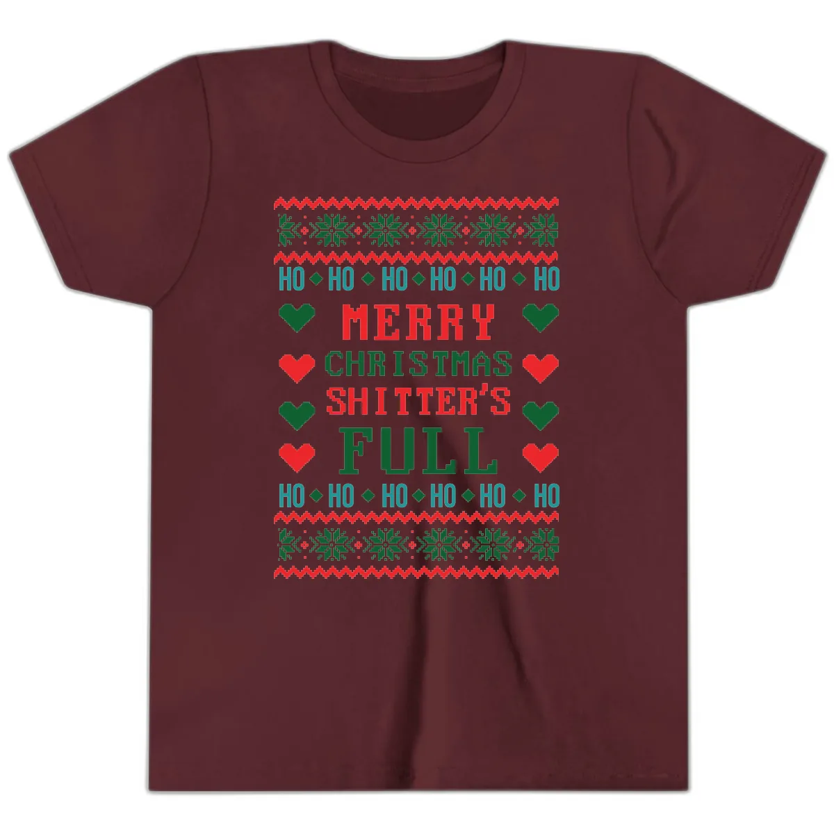 Merry Christmas Shitter's Full Ugly Sweater Youth T-Shirt in Maroon