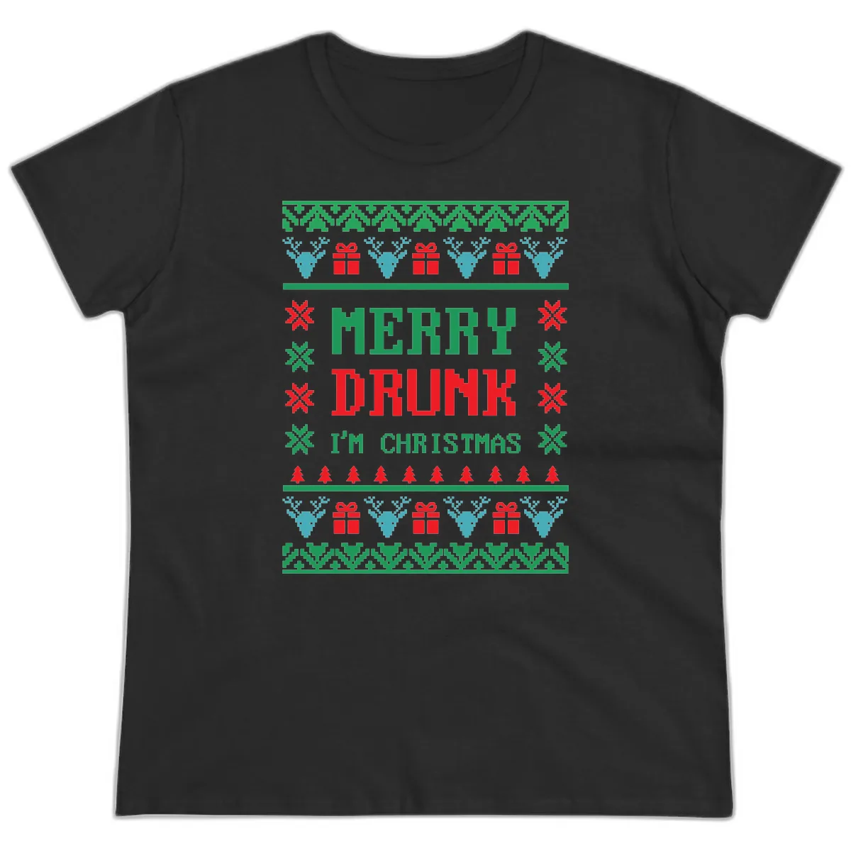 Merry Drunk I'm Christmas Ugly Sweater Ladies Tee in Black