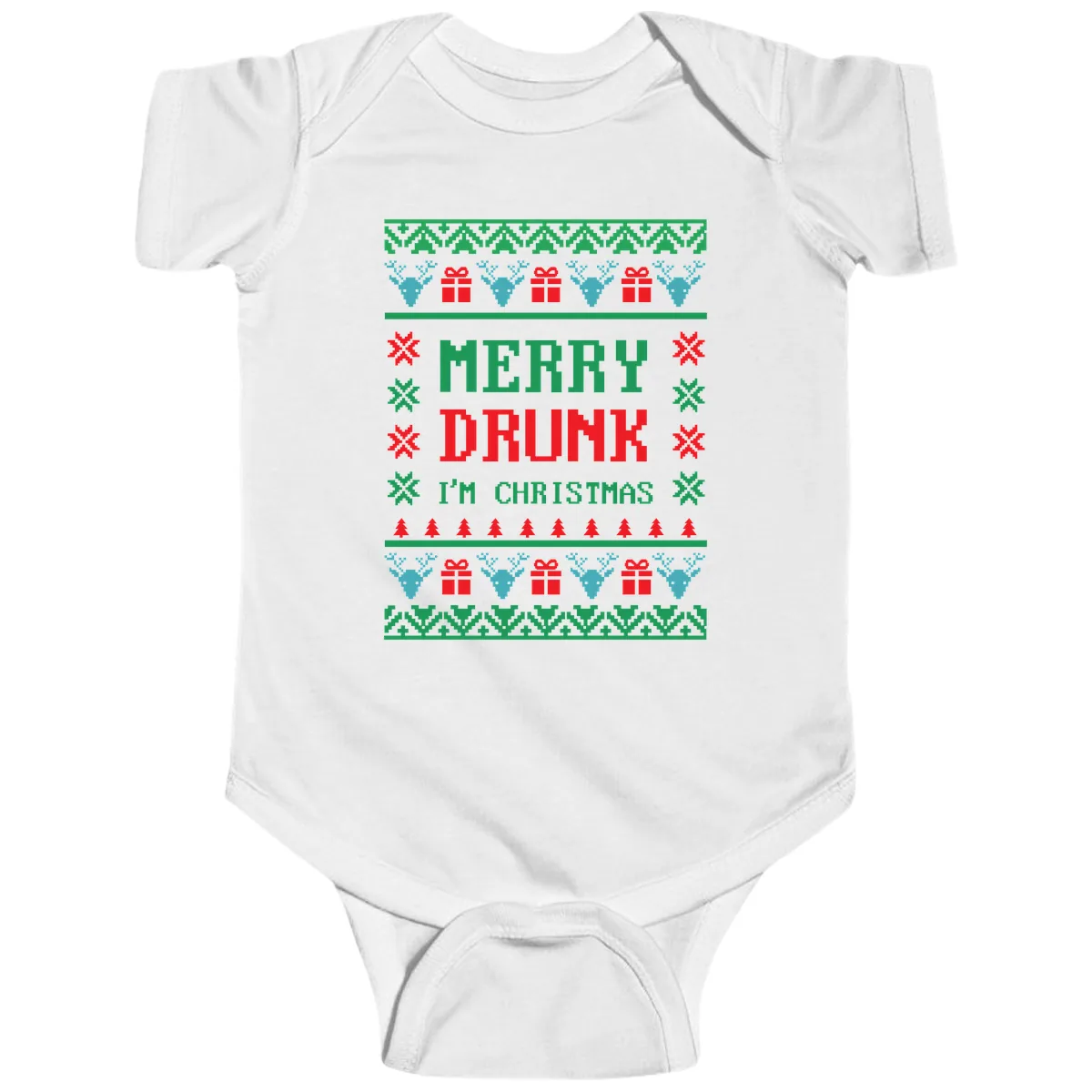 Merry Drunk I'm Christmas Ugly Sweater Baby Onesie in White