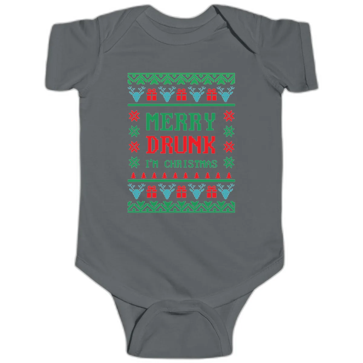 Merry Drunk I'm Christmas Ugly Sweater Baby Onesie in Charcoal