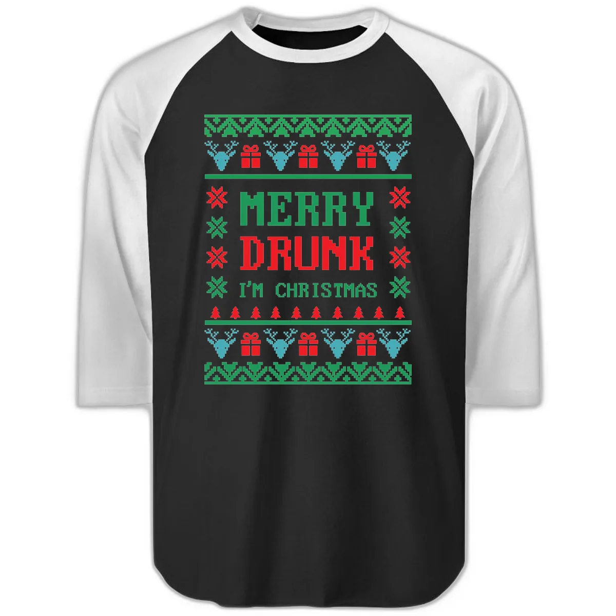 Merry Drunk I'm Christmas Ugly Sweater Raglan 3/4 in Black White