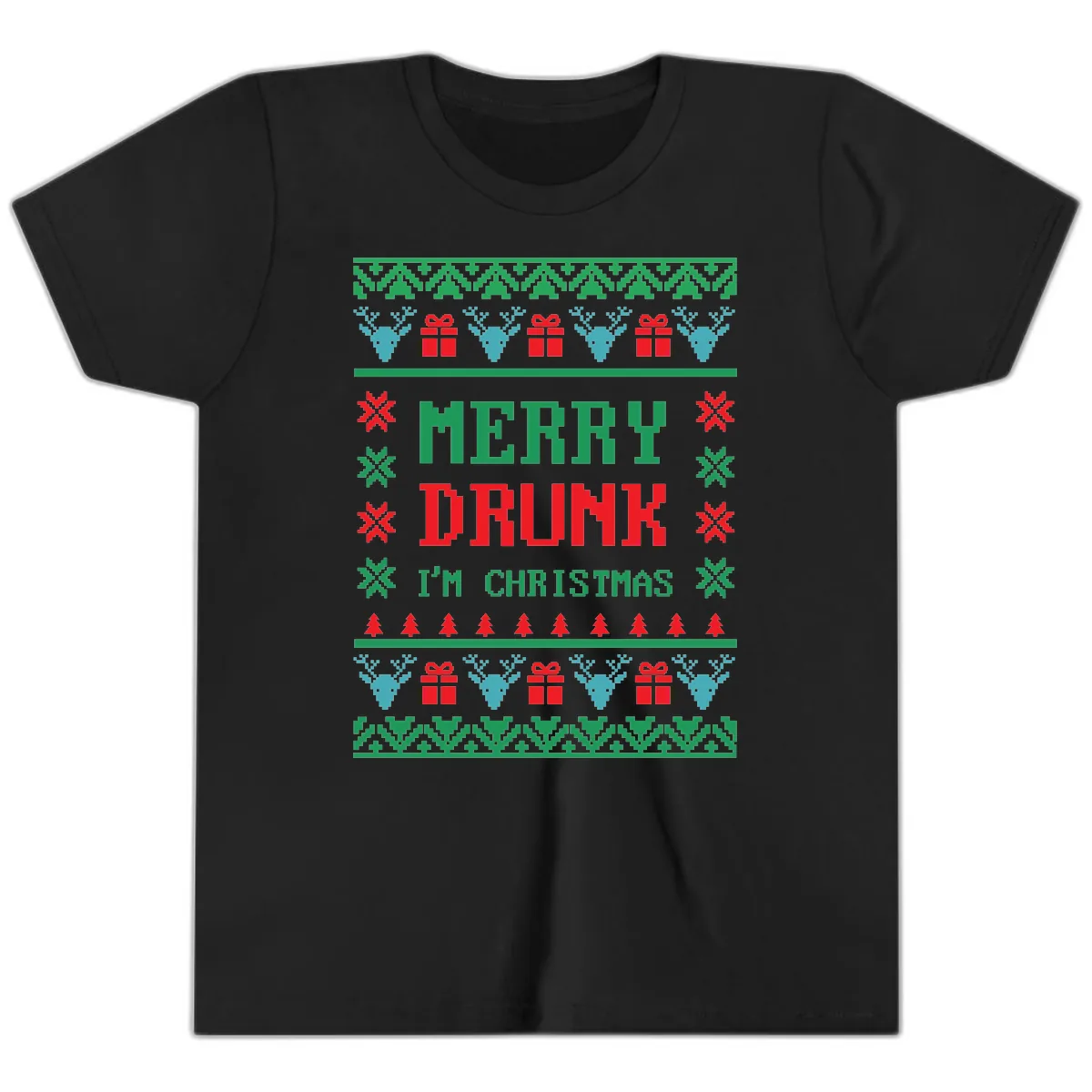 Merry Drunk I'm Christmas Ugly Sweater Youth T-Shirt in Black