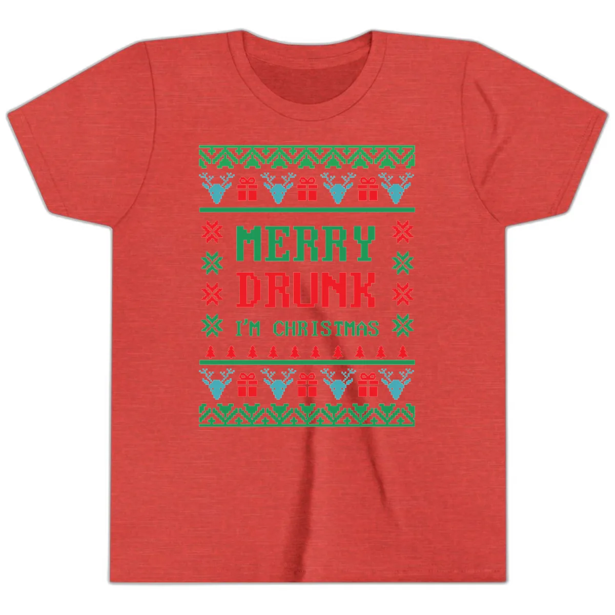 Merry Drunk I'm Christmas Ugly Sweater Youth T-Shirt in Heather Red