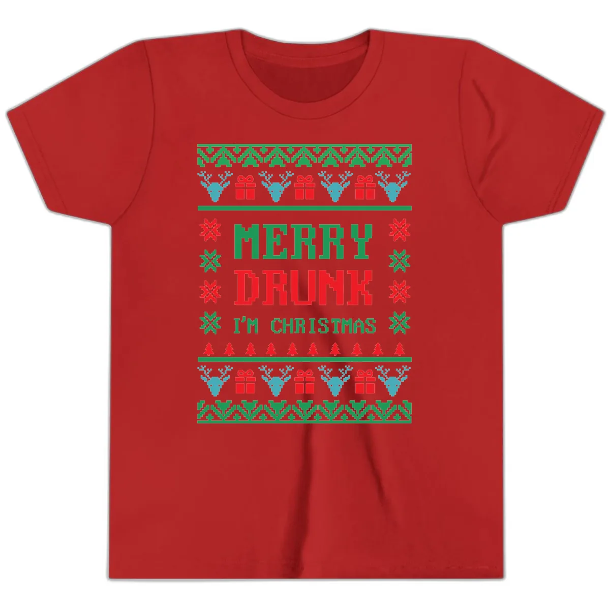 Merry Drunk I'm Christmas Ugly Sweater Youth T-Shirt in Red