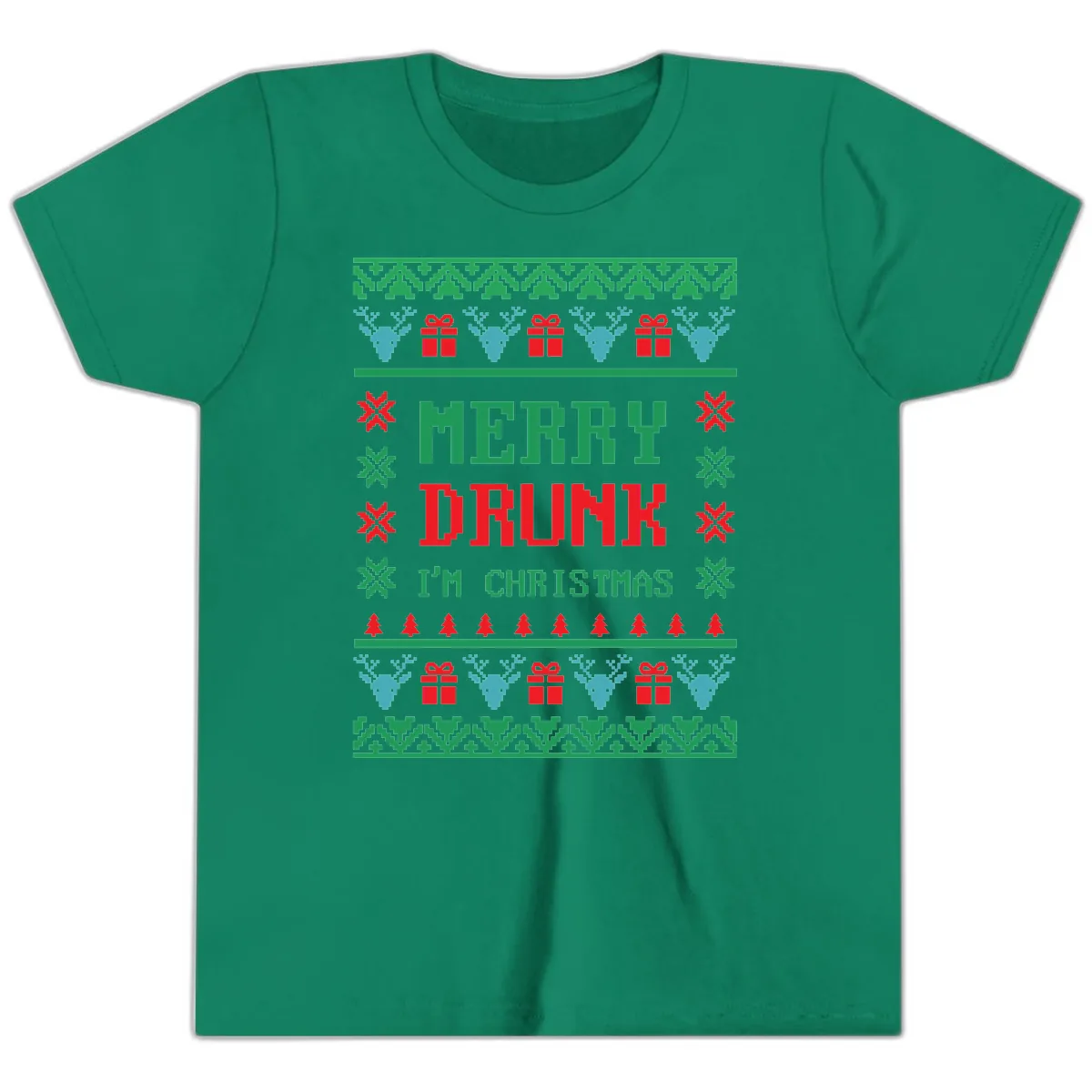 Merry Drunk I'm Christmas Ugly Sweater Youth T-Shirt in Kelly