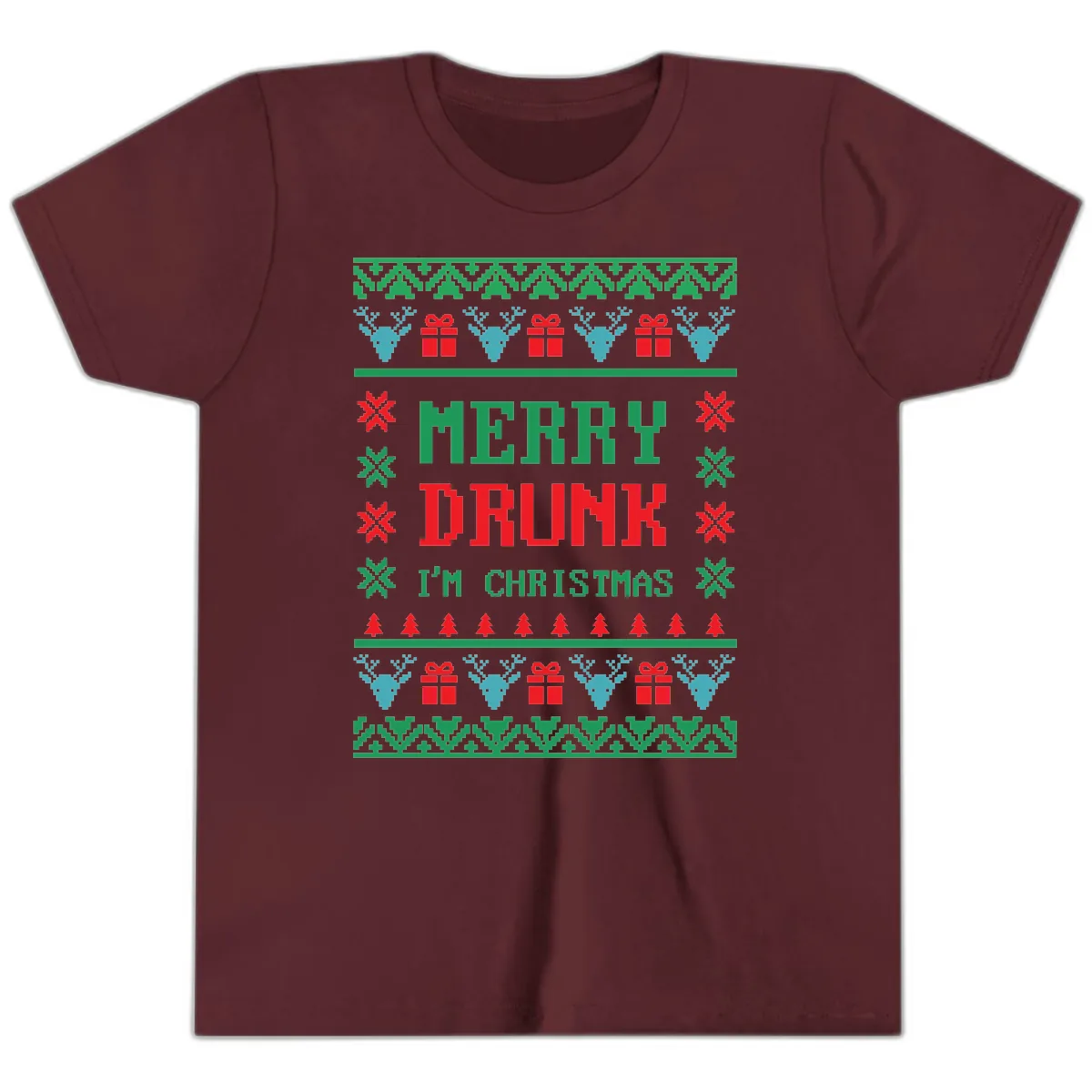 Merry Drunk I'm Christmas Ugly Sweater Youth T-Shirt in Maroon