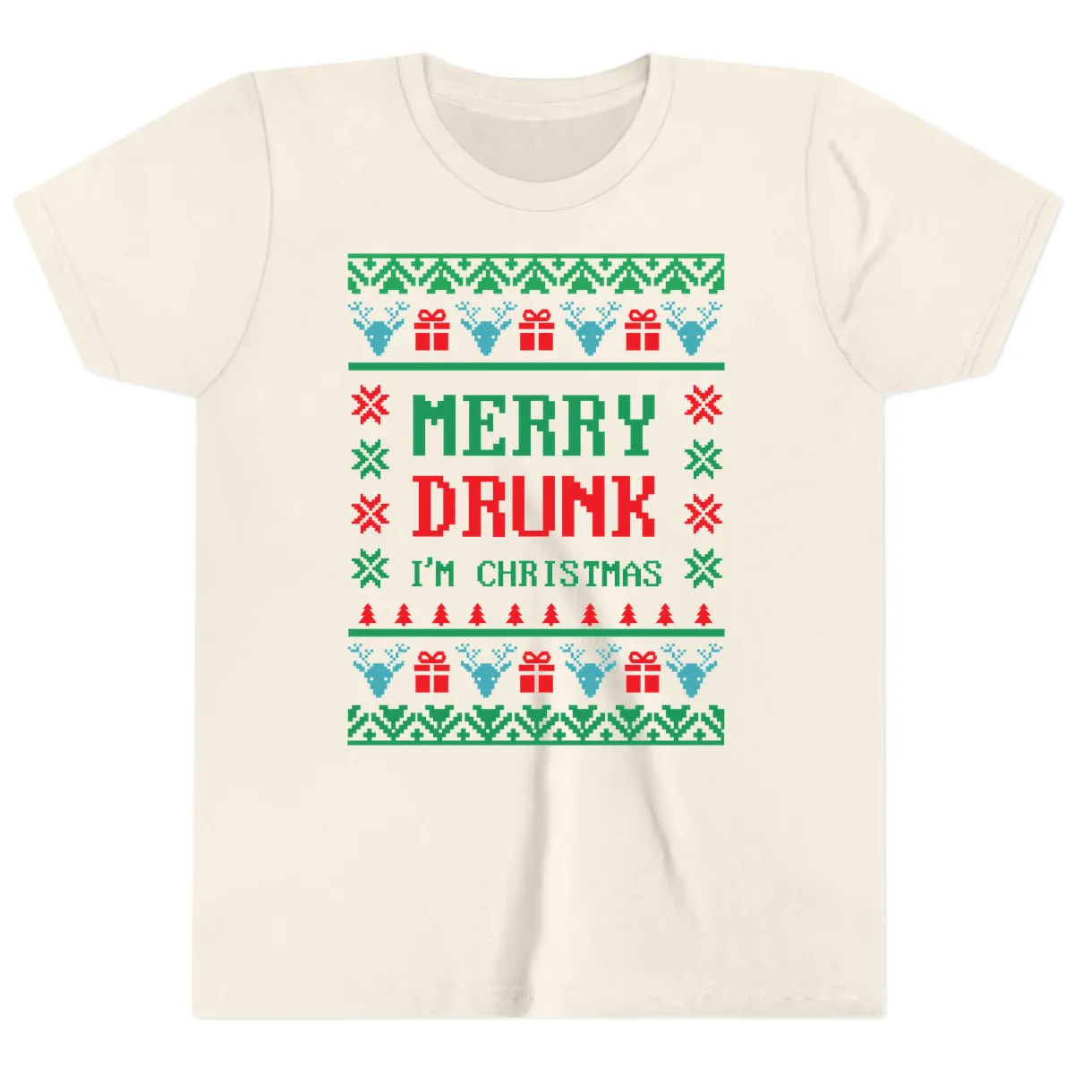 Merry Drunk I'm Christmas Ugly Sweater Youth T-Shirt in Natural