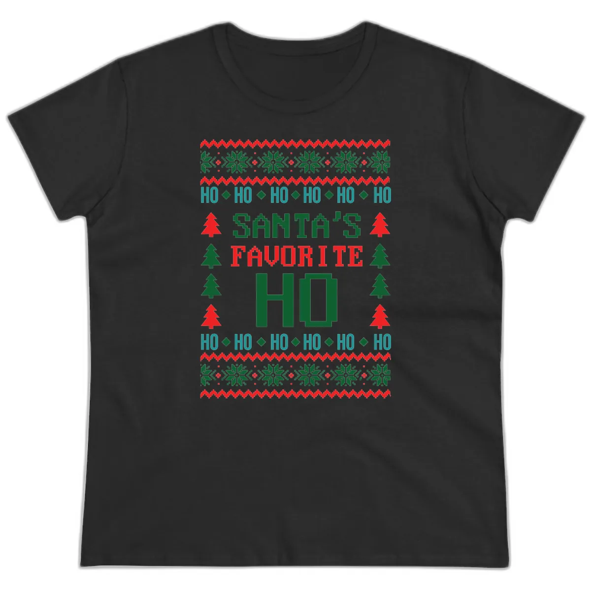 Santa's Favorite Ho Ugly Christmas Sweater Ladies Tee in Black