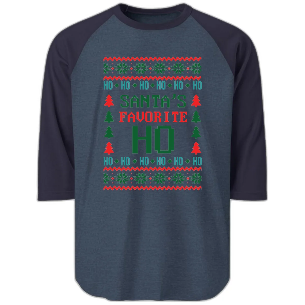 Santa's Favorite Ho Ugly Christmas Sweater Raglan 3/4 in Heather Denim Navy