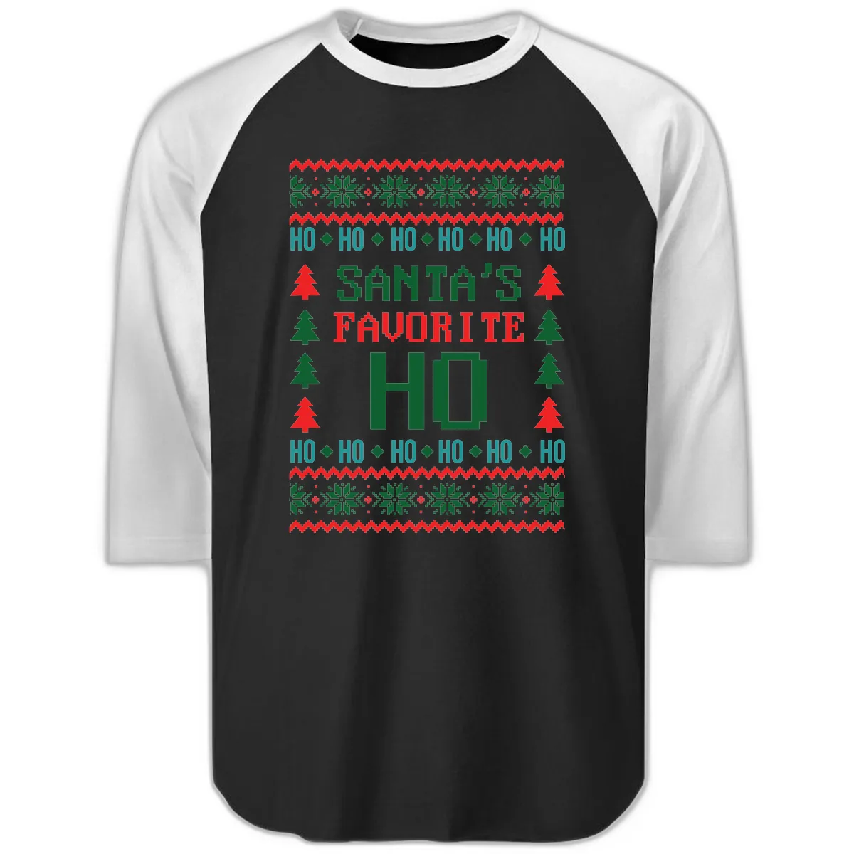 Santa's Favorite Ho Ugly Christmas Sweater Raglan 3/4 in Black White