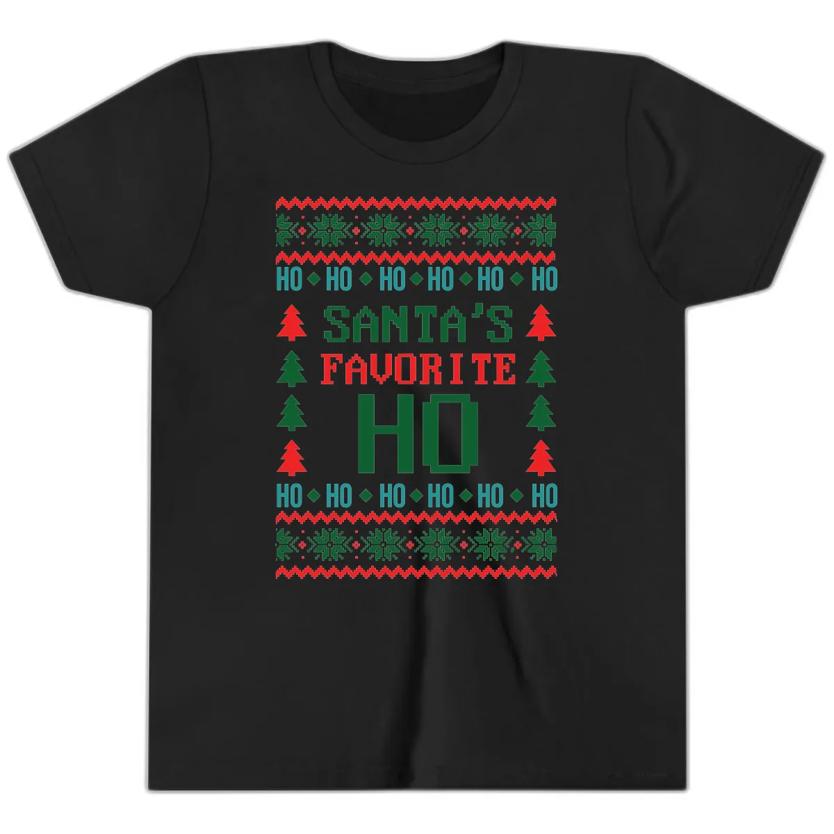 Santa's Favorite Ho Ugly Christmas Sweater Youth T-Shirt in Black