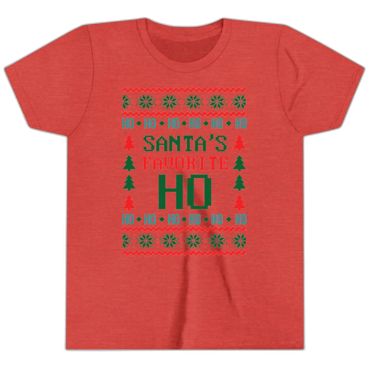 Santa's Favorite Ho Ugly Christmas Sweater Youth T-Shirt in Heather Red
