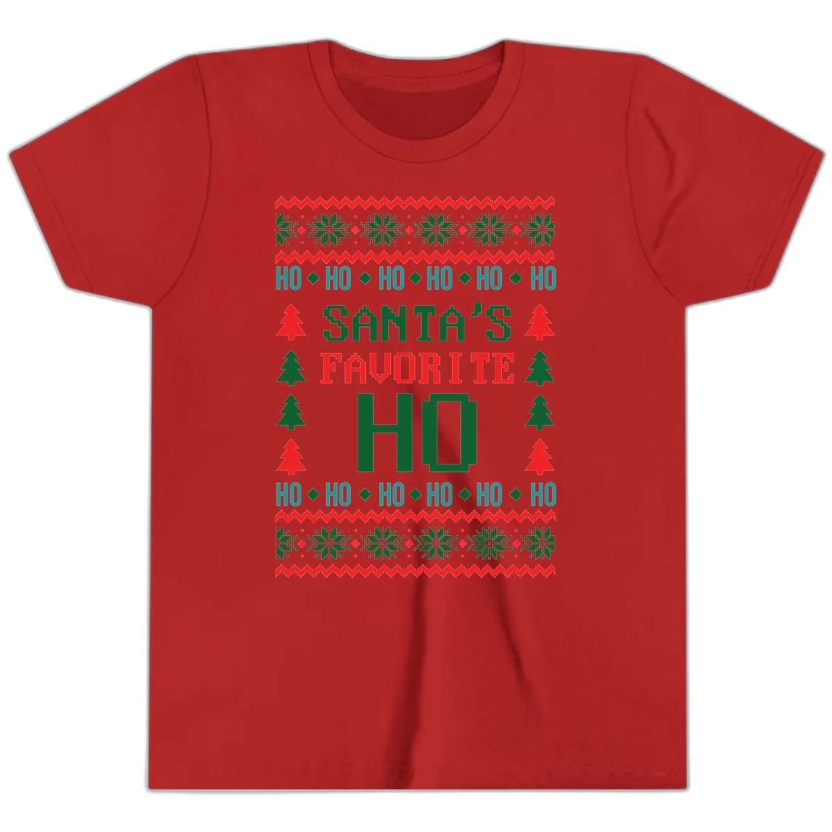 Santa's Favorite Ho Ugly Christmas Sweater Youth T-Shirt in Red