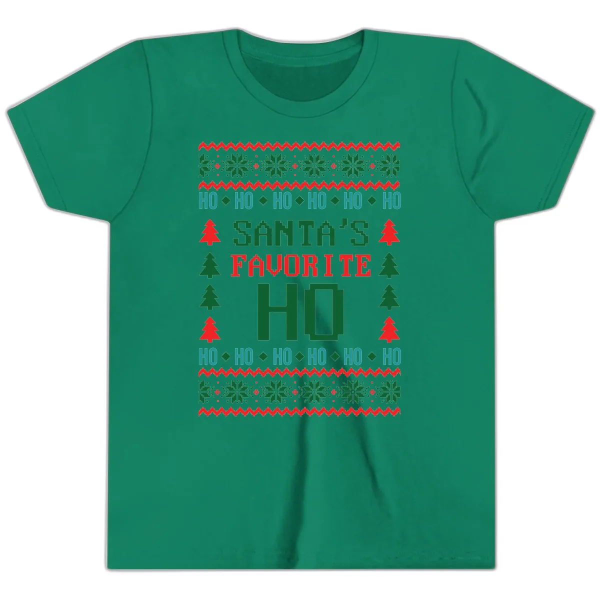 Santa's Favorite Ho Ugly Christmas Sweater Youth T-Shirt in Kelly