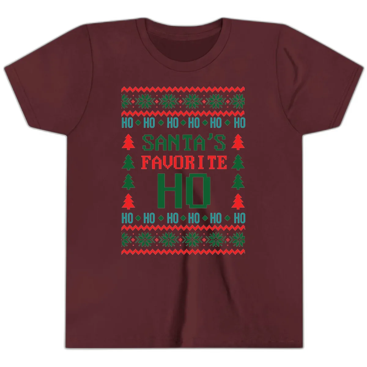 Santa's Favorite Ho Ugly Christmas Sweater Youth T-Shirt in Maroon