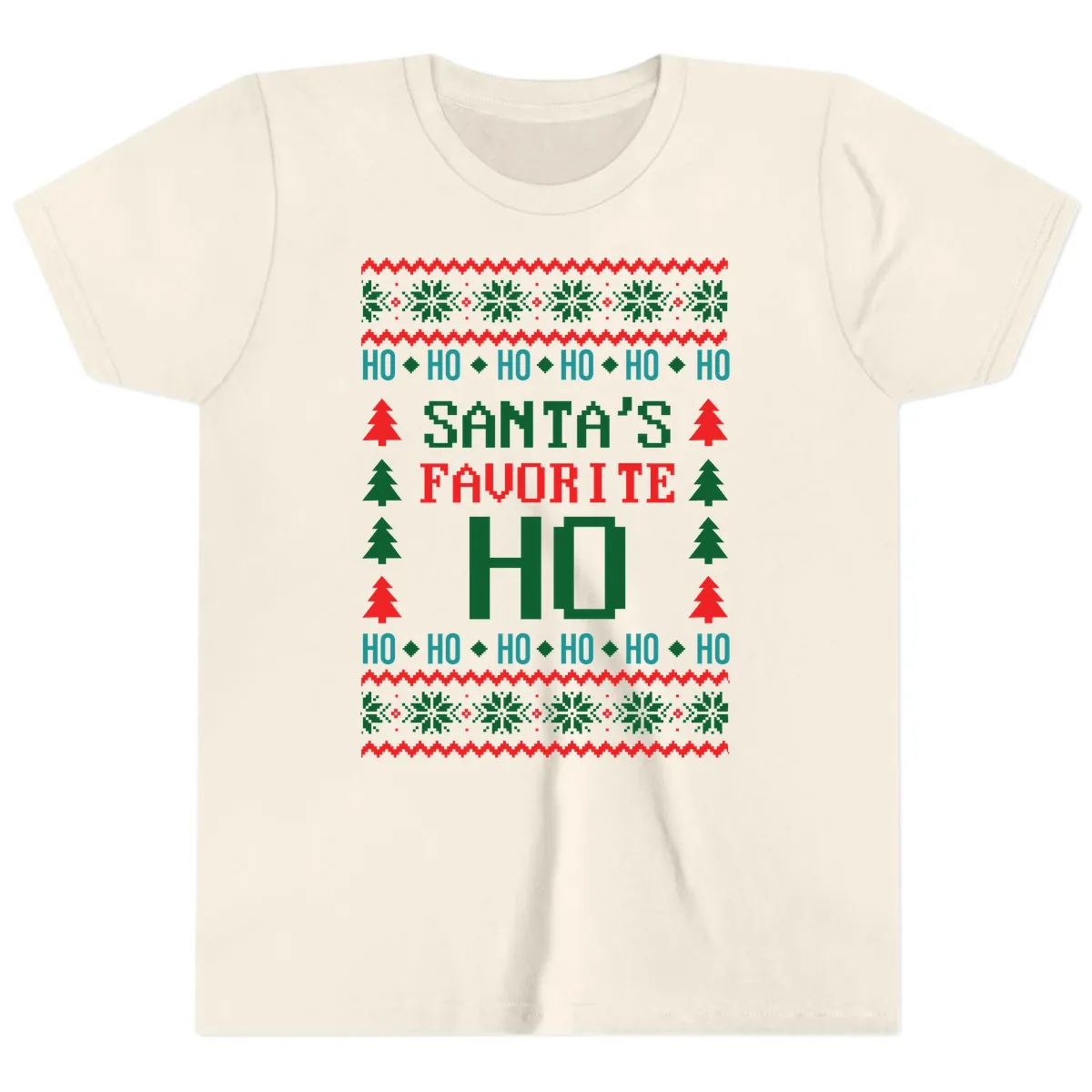 Santa's Favorite Ho Ugly Christmas Sweater Youth T-Shirt in Natural