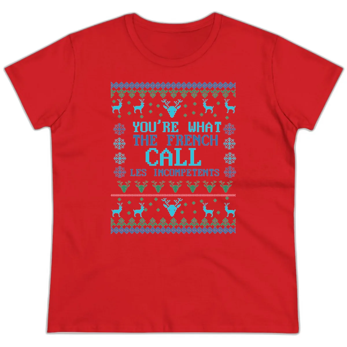 French Call Les Incompetents Ugly Sweater Ladies Tee in Red