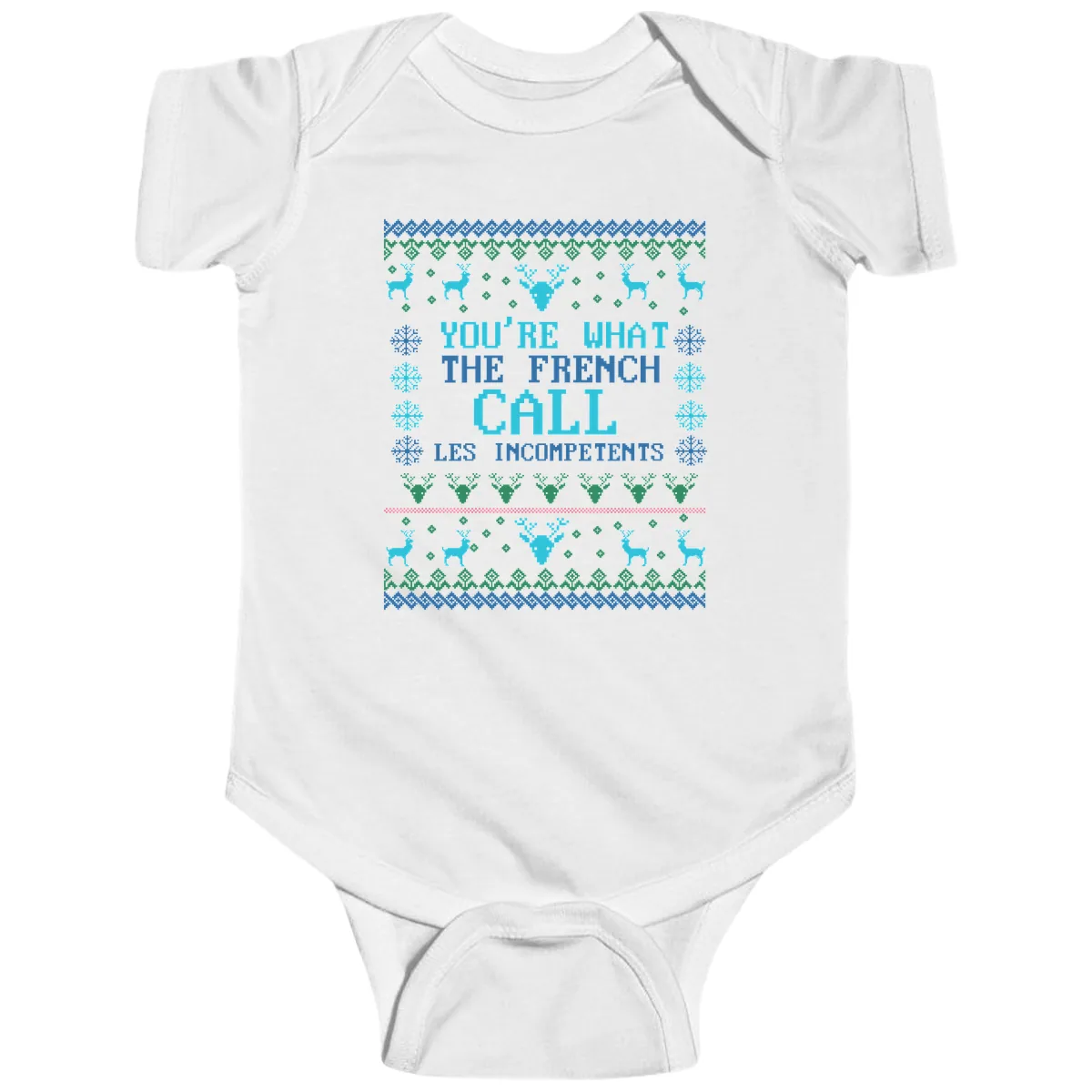 French Call Les Incompetents Ugly Sweater Baby Onesie in White