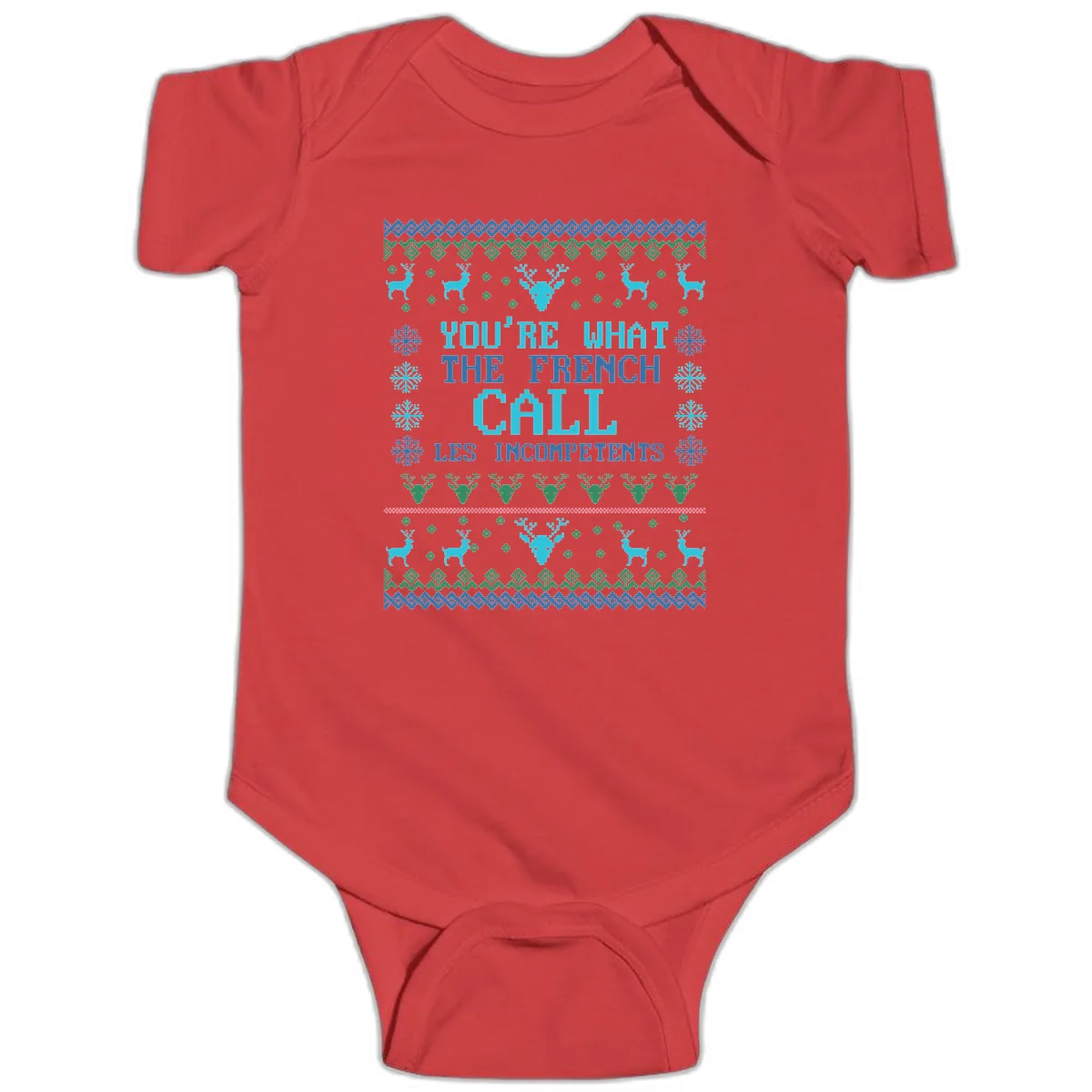 French Call Les Incompetents Ugly Sweater Baby Onesie in Red