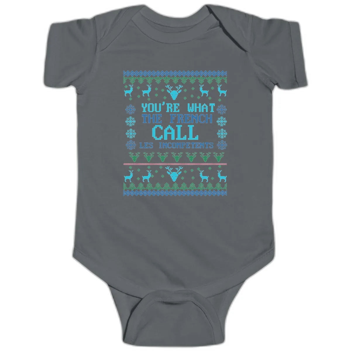 French Call Les Incompetents Ugly Sweater Baby Onesie in Charcoal