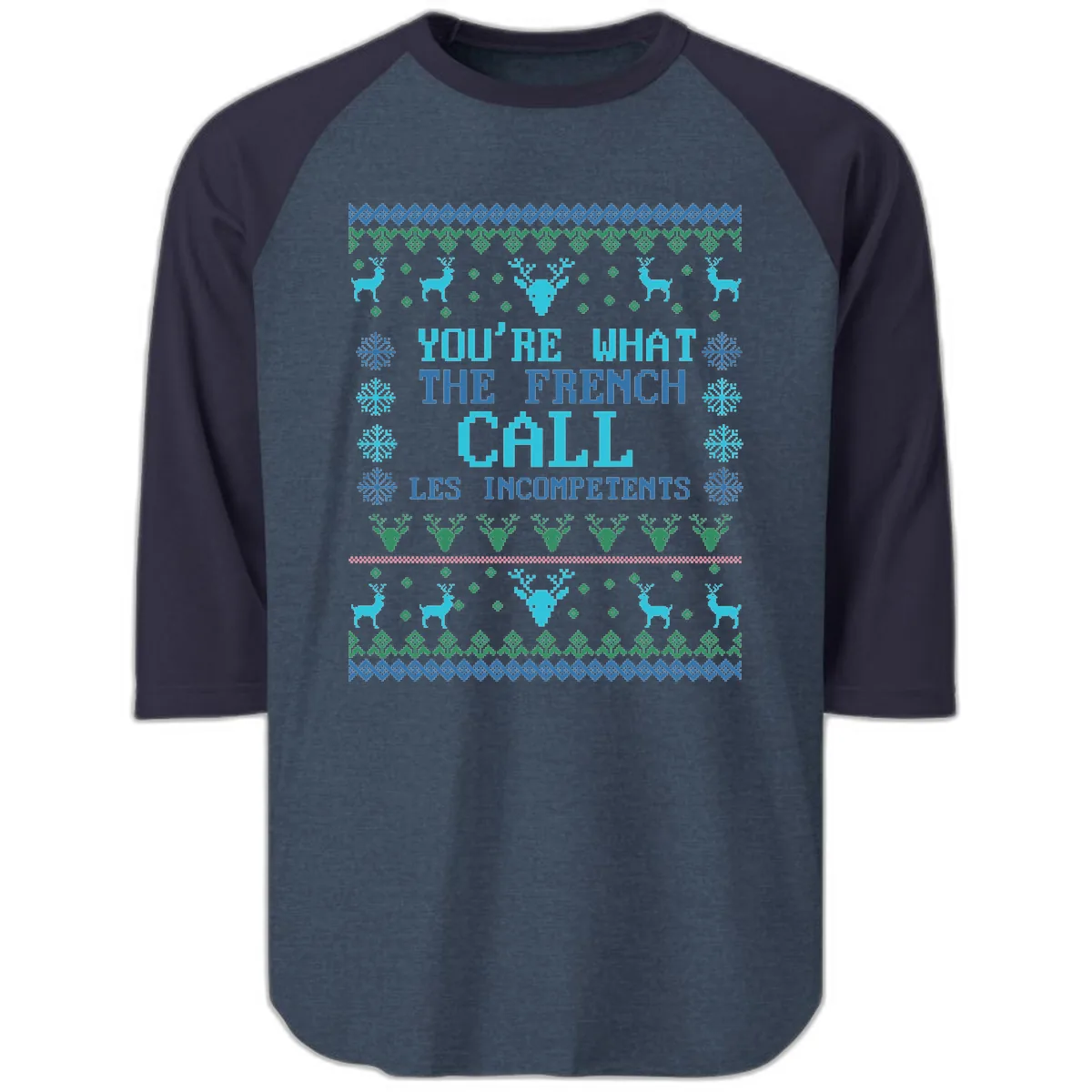 French Call Les Incompetents Ugly Sweater Raglan 3/4 in Heather Denim Navy