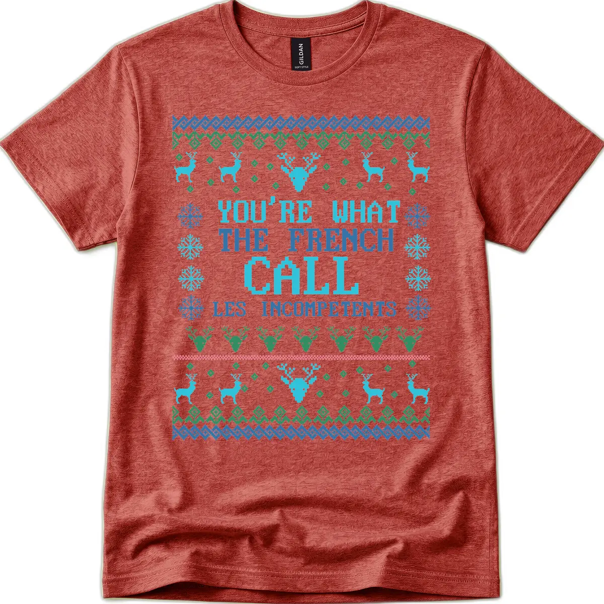 French Call Les Incompetents Ugly Sweater T-Shirt in Heather Cardinal