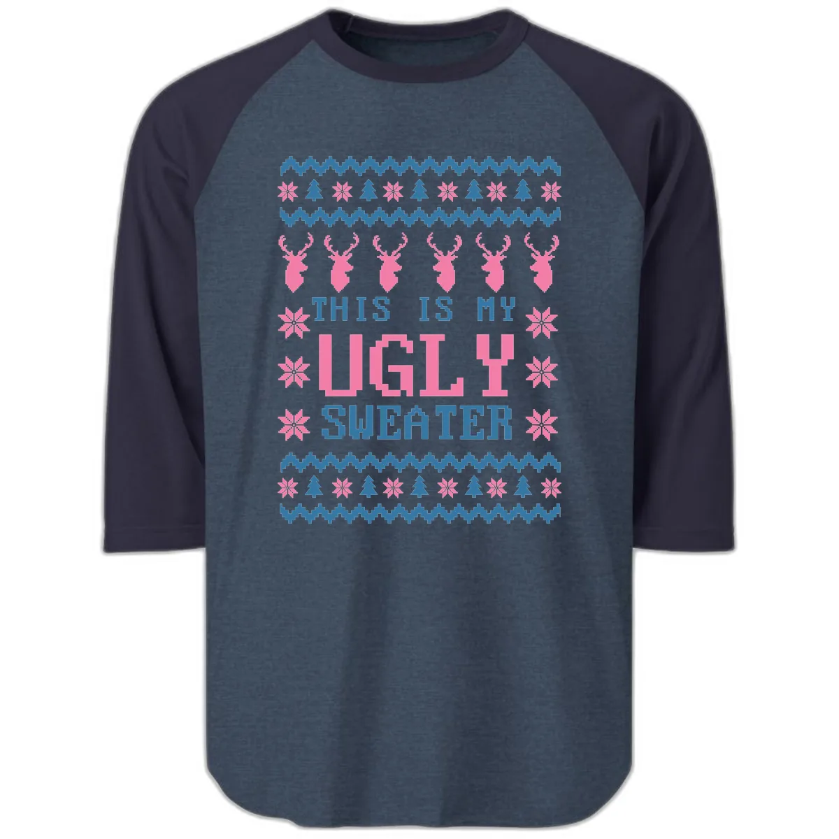 My Ugly Christmas Sweater Party Design Raglan 3/4 in Heather Denim Navy