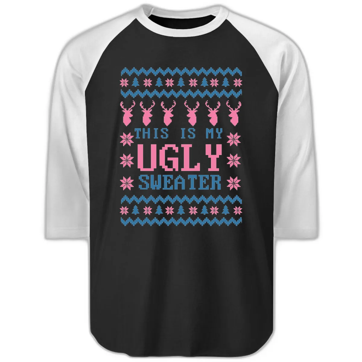 My Ugly Christmas Sweater Party Design Raglan 3/4 in Black White