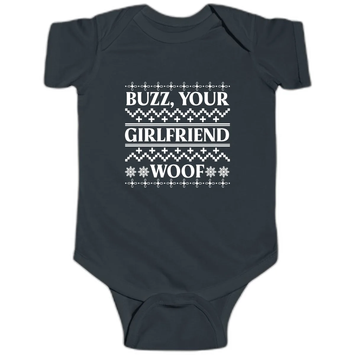 Buzz Your Girlfriend Woof Ugly Sweater Baby Onesie in Black