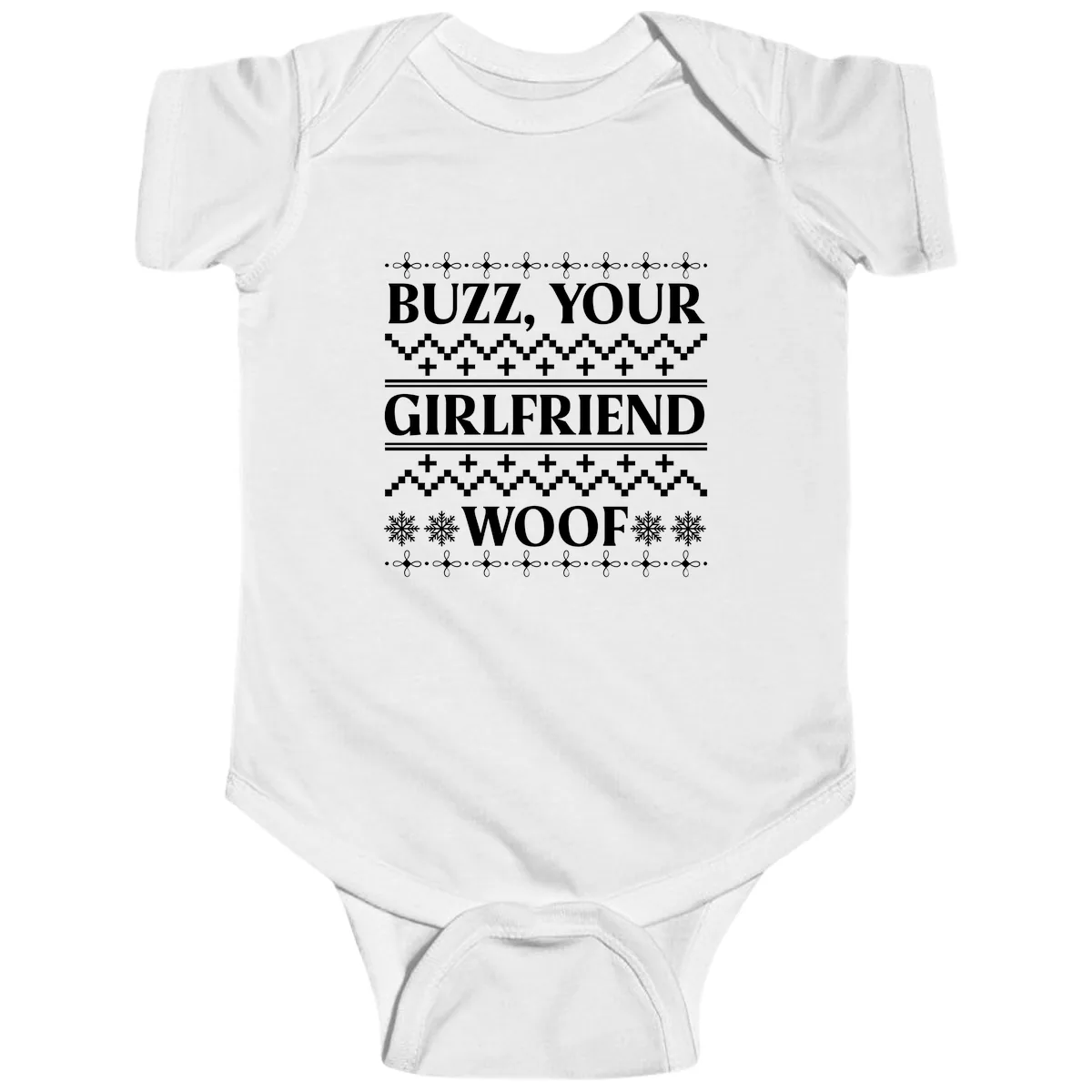 Buzz Your Girlfriend Woof Ugly Sweater Baby Onesie in White