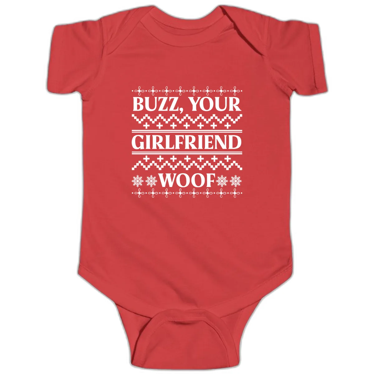 Buzz Your Girlfriend Woof Ugly Sweater Baby Onesie in Red