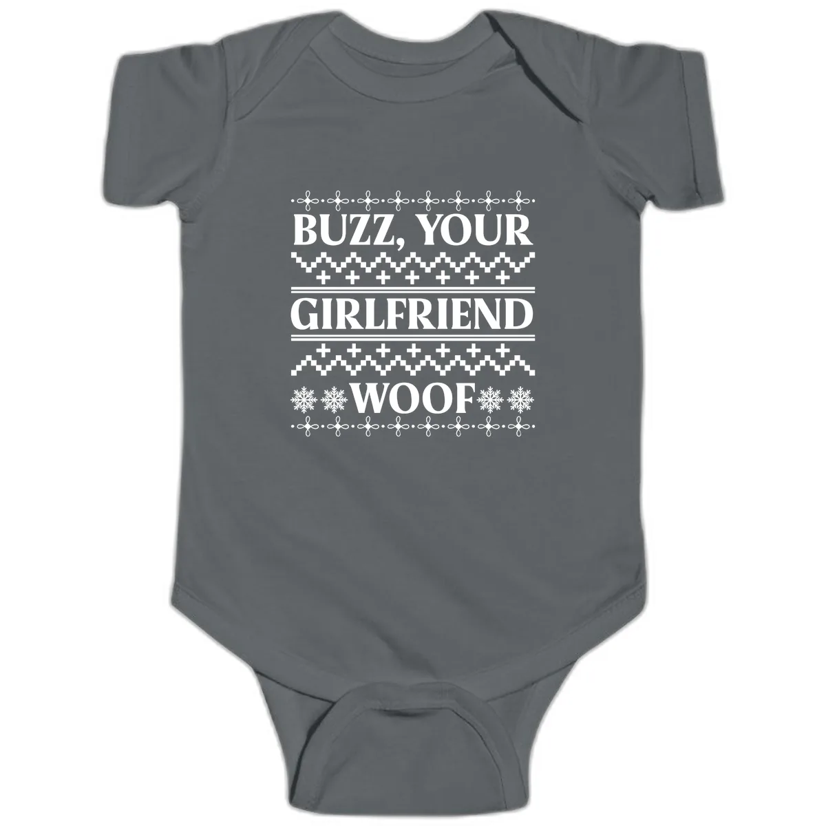 Buzz Your Girlfriend Woof Ugly Sweater Baby Onesie in Charcoal