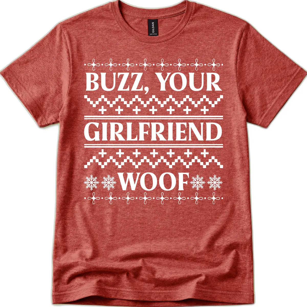 Buzz Your Girlfriend Woof Ugly Sweater T-Shirt in Heather Cardinal
