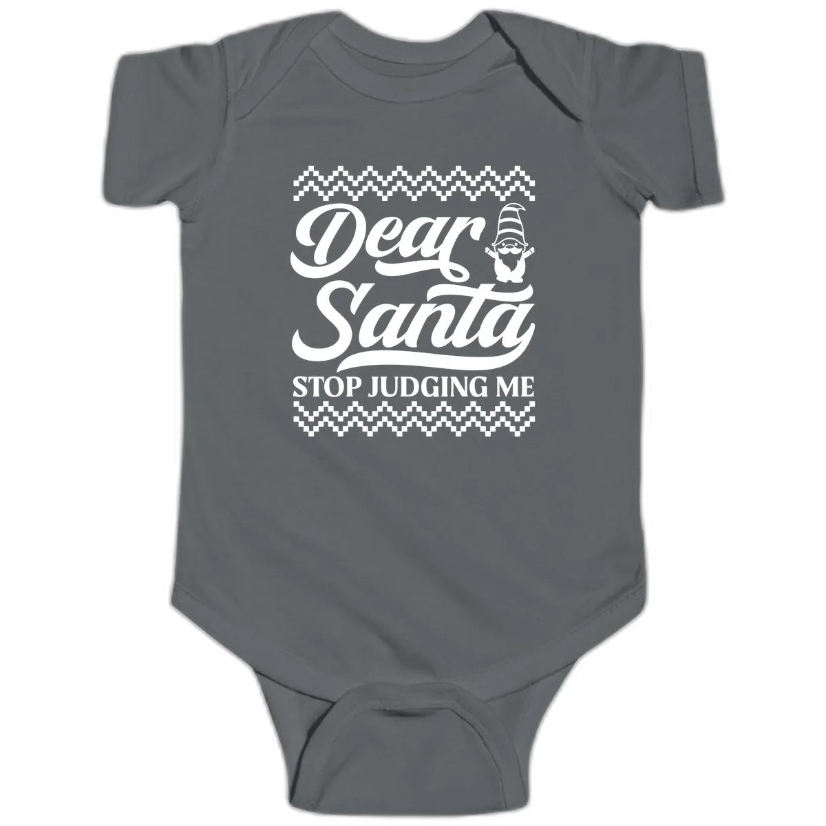Dear Santa Stop Judging Me Gnome Baby Onesie in Charcoal