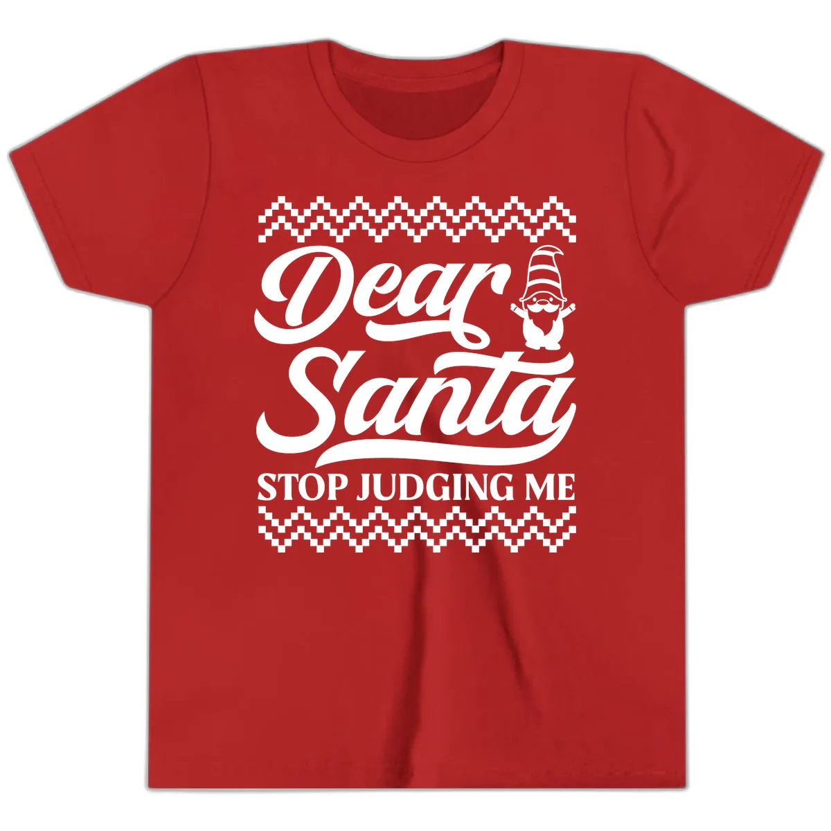 Dear Santa Stop Judging Me Gnome Youth T-Shirt in Red