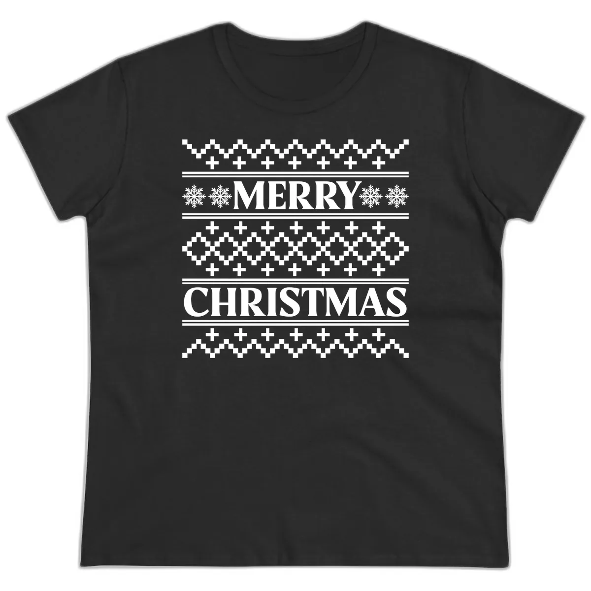 Merry Christmas Ugly Sweater Design Ladies Tee in Black