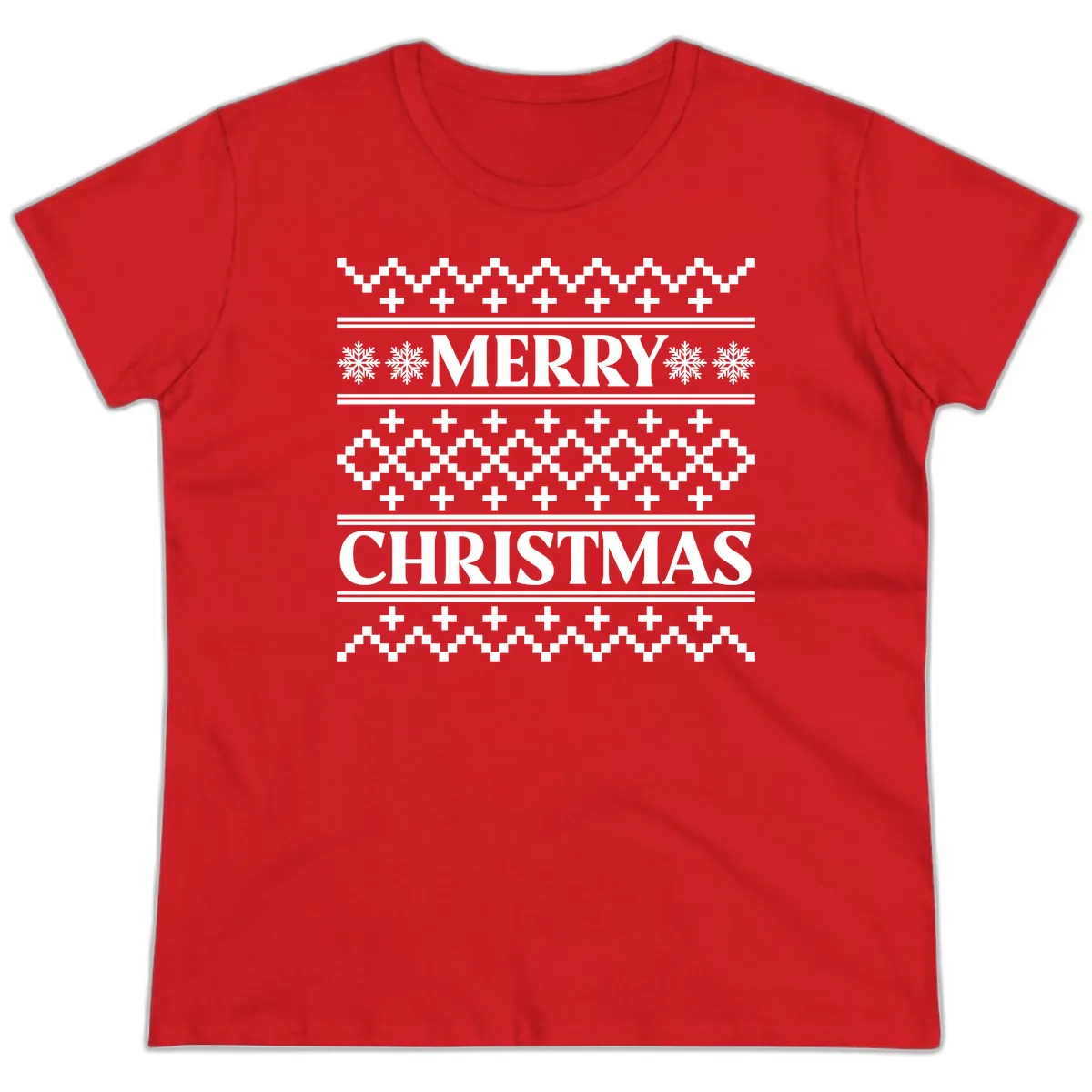 Merry Christmas Ugly Sweater Design Ladies Tee in Red
