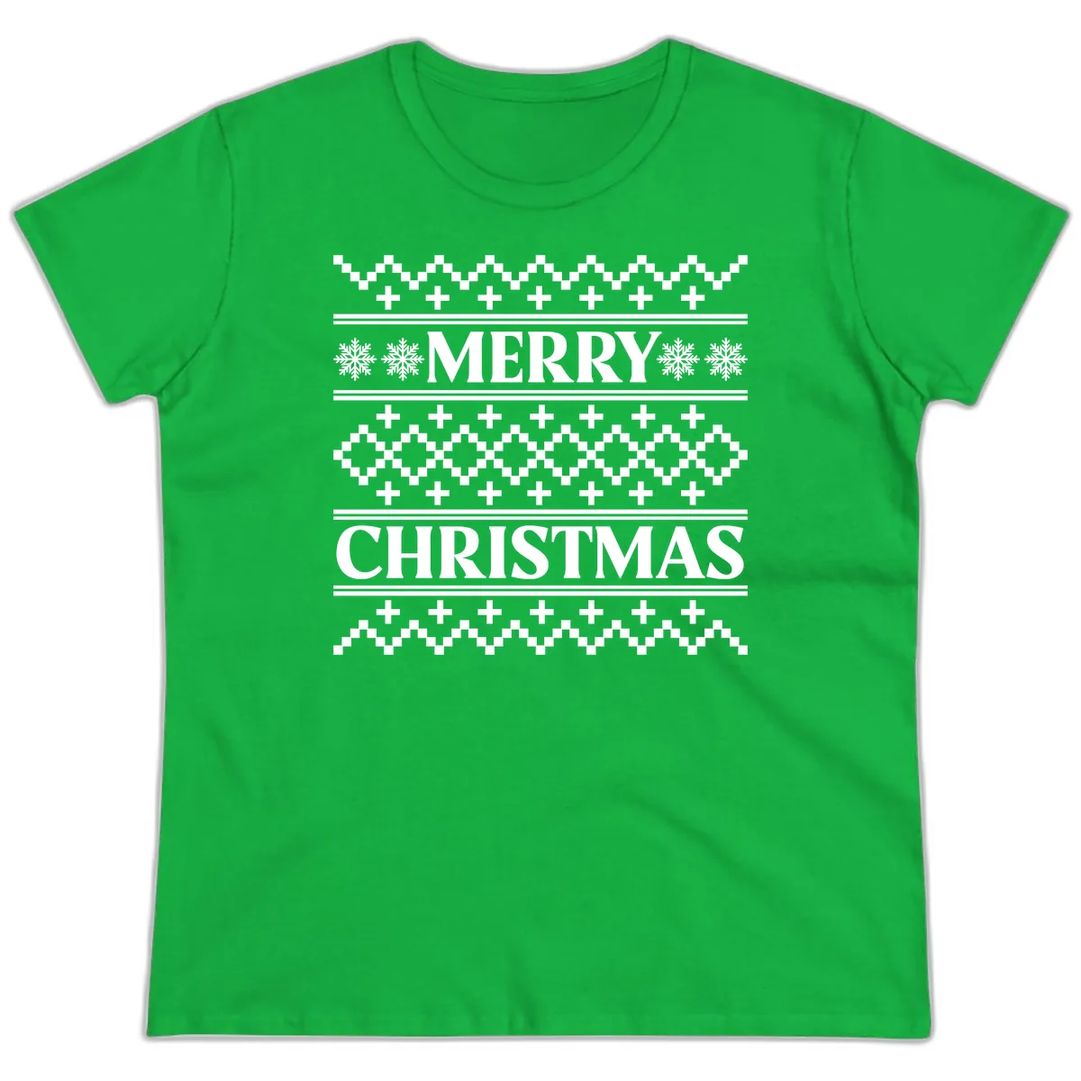 Merry Christmas Ugly Sweater Design Ladies Tee in Irish Green