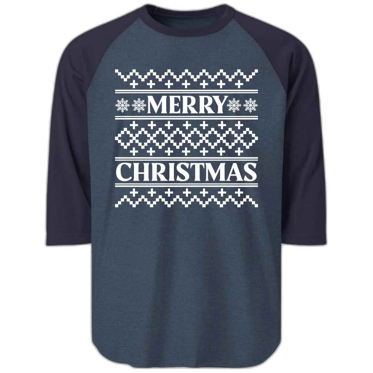 Merry Christmas Ugly Sweater Design Raglan 3/4 in Heather Denim Navy