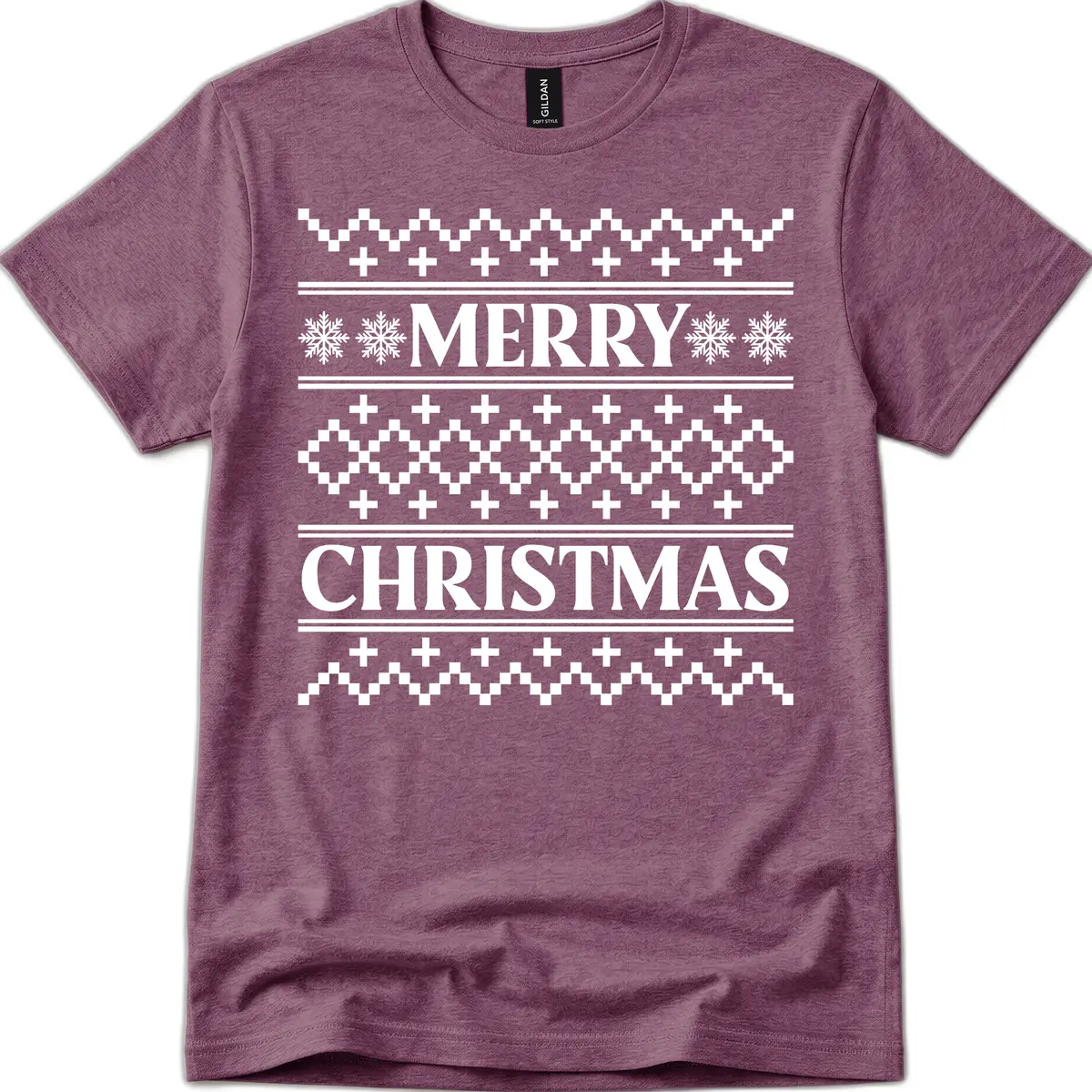Merry Christmas Ugly Sweater Design T-Shirt in Heather Maroon