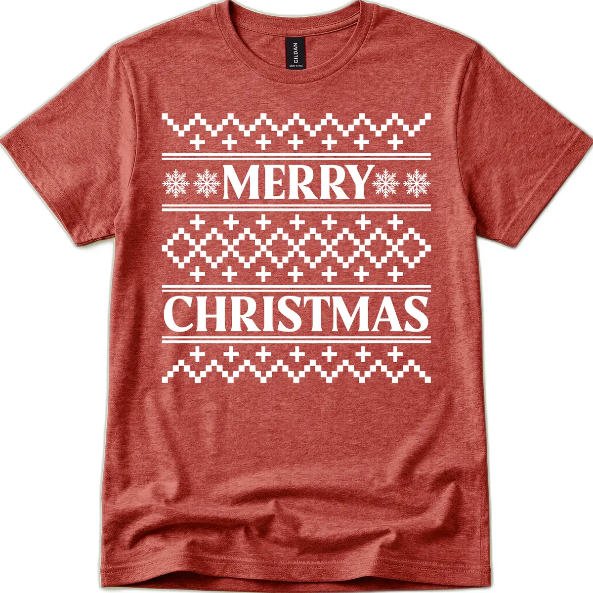 Merry Christmas Ugly Sweater Design T-Shirt in Heather Cardinal