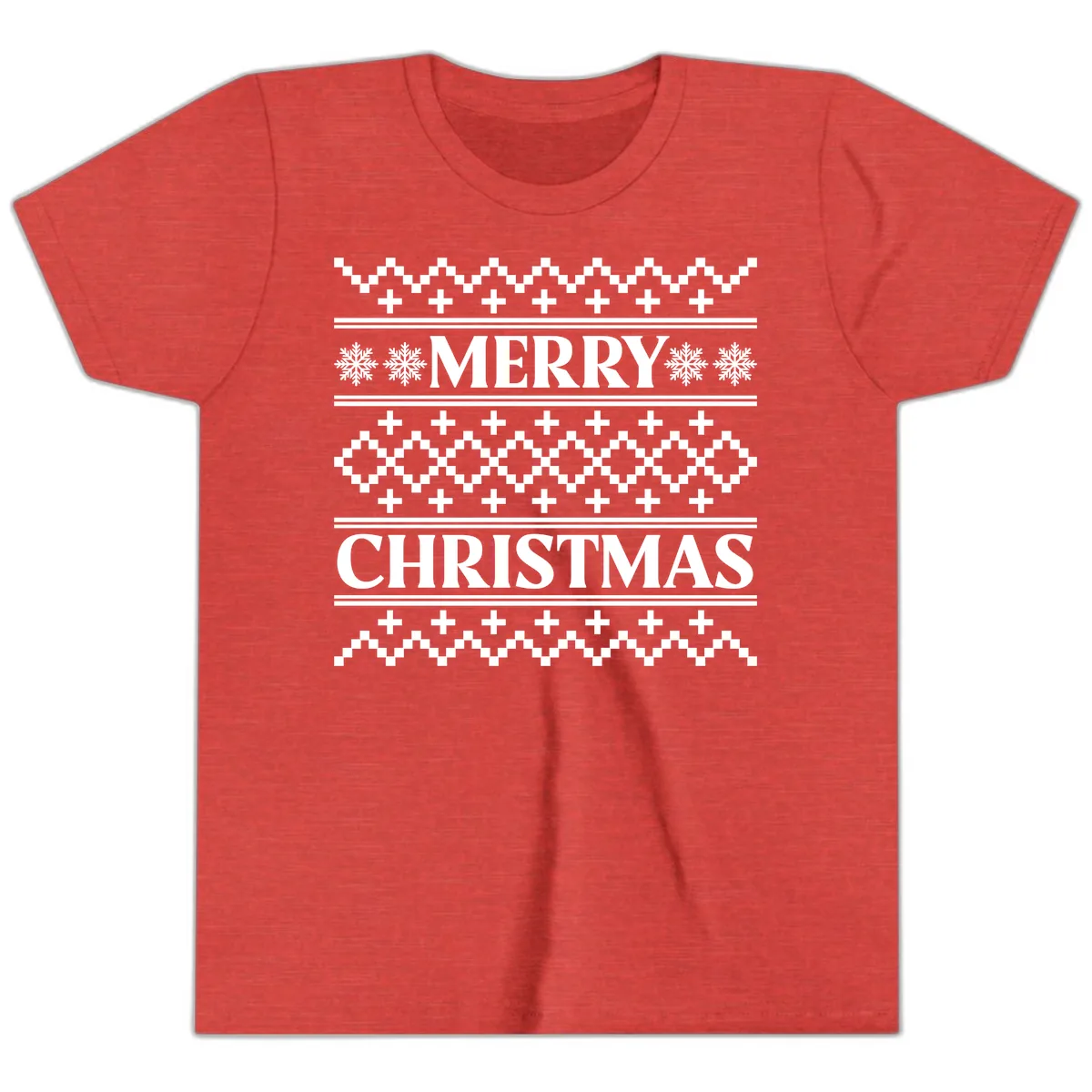 Merry Christmas Ugly Sweater Design Youth T-Shirt in Heather Red