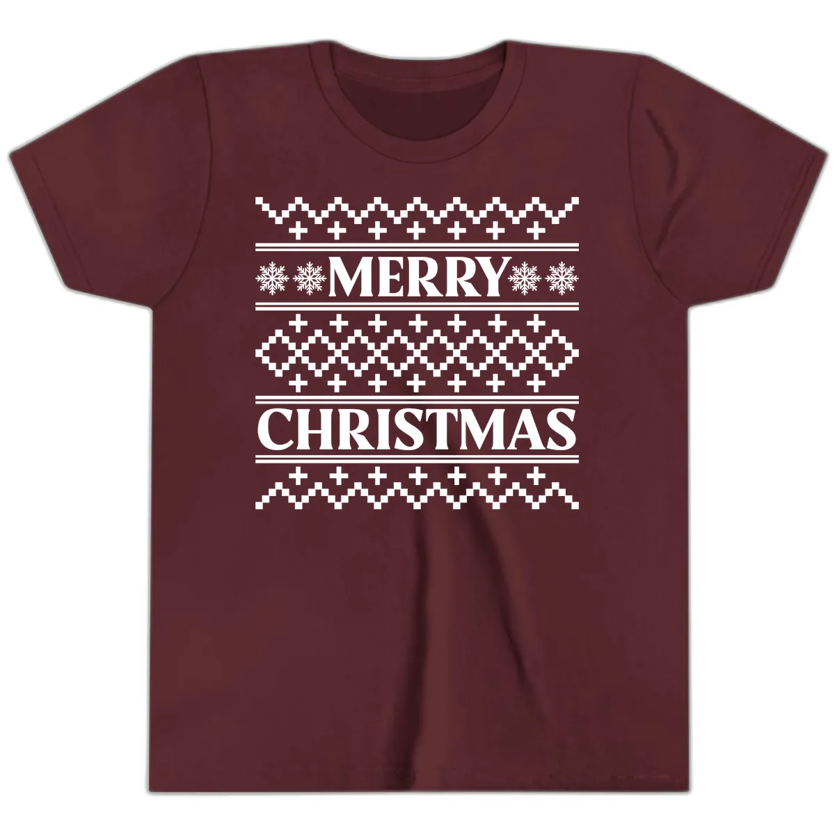 Merry Christmas Ugly Sweater Design Youth T-Shirt in Maroon