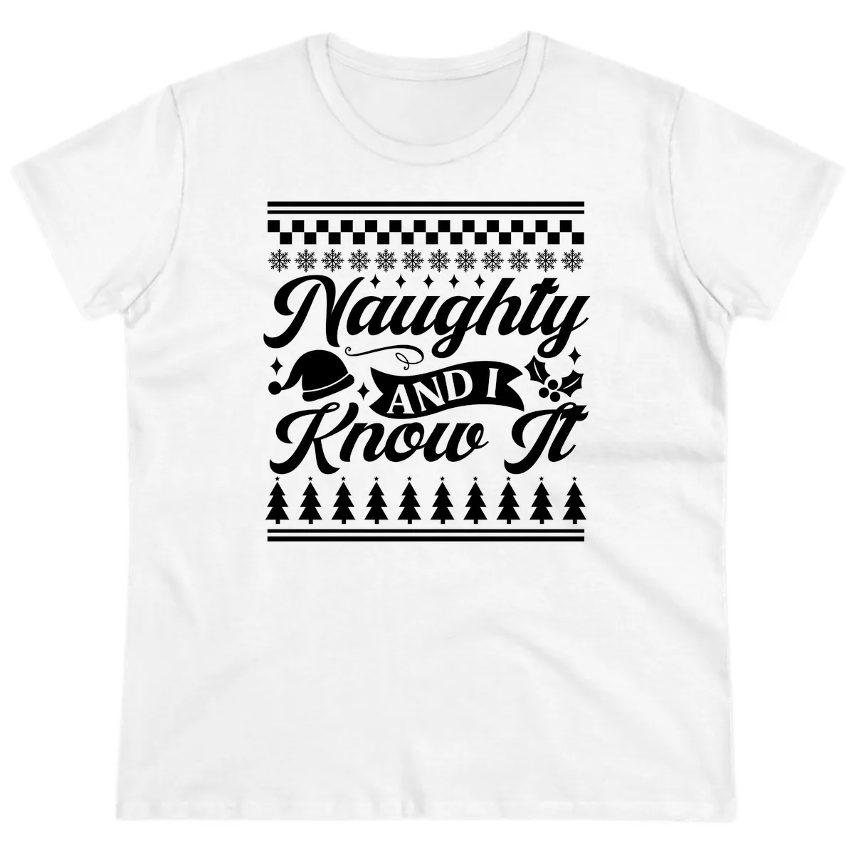 Naughty And I Know It Christmas Design Ladies Tee in White