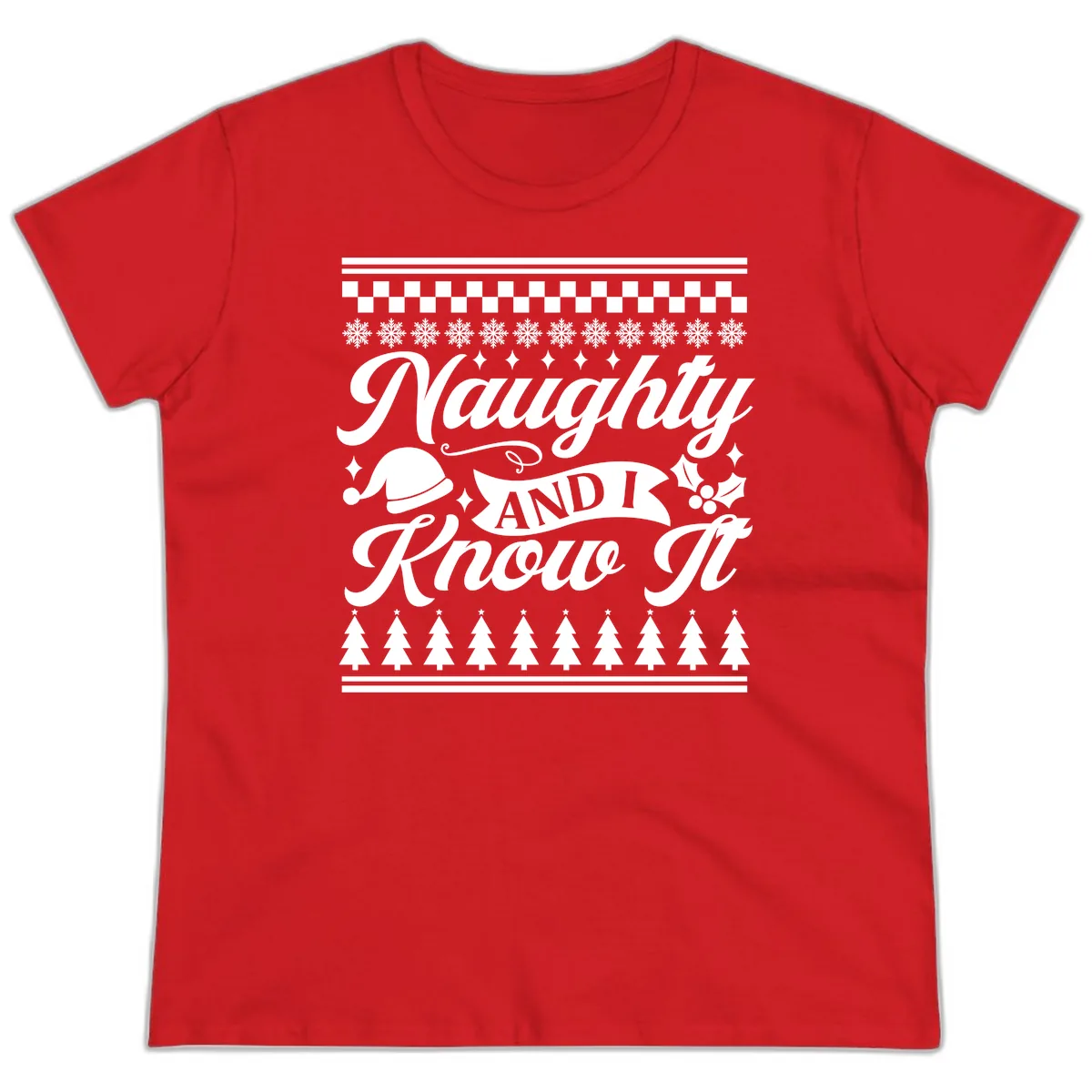 Naughty And I Know It Christmas Design Ladies Tee in Red